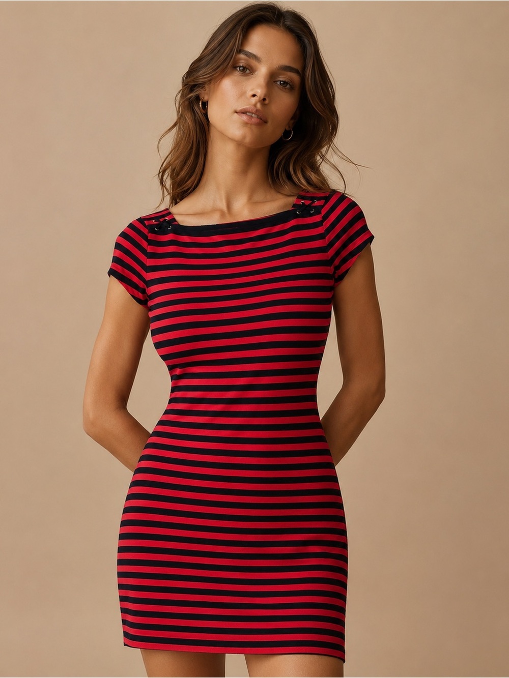 Chaps Red & Black Striped Cap-Sleeve Bodycon Mini Dress